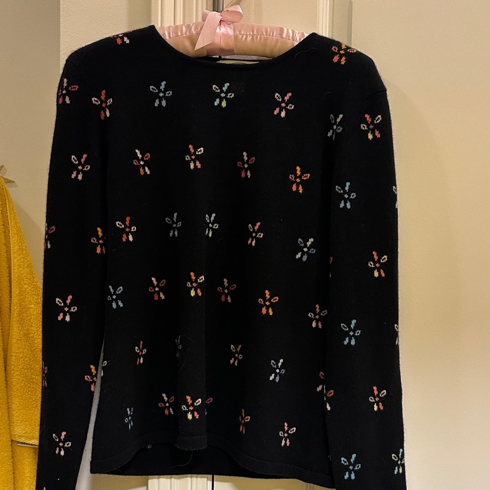Talbots Black Sweater with Multicolor Floral Pattern